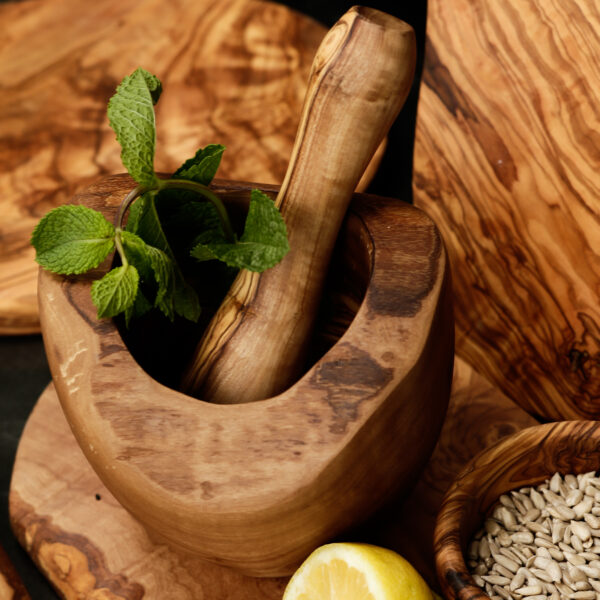 Olive Wood Morter & Pestle-Rustic 14cm - Image 2